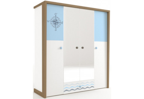 Детская мебель Шкаф четырехдверный с зеркалом Mix Ocean голубой