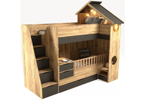 Детская мебель Кровать-трансформер двухъярусная с тумбой Домик